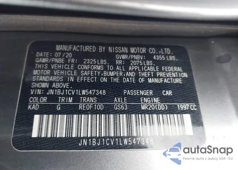 2020 Nissan Rogue Sport Sv Fwd Xtronic Cvt z USA, uszkodzony, nr VIN JN1BJ1CV1LW547348